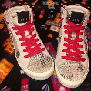 Steve Madden High-Top Sneakers with Red Laces and Mixed Neutral Pattern